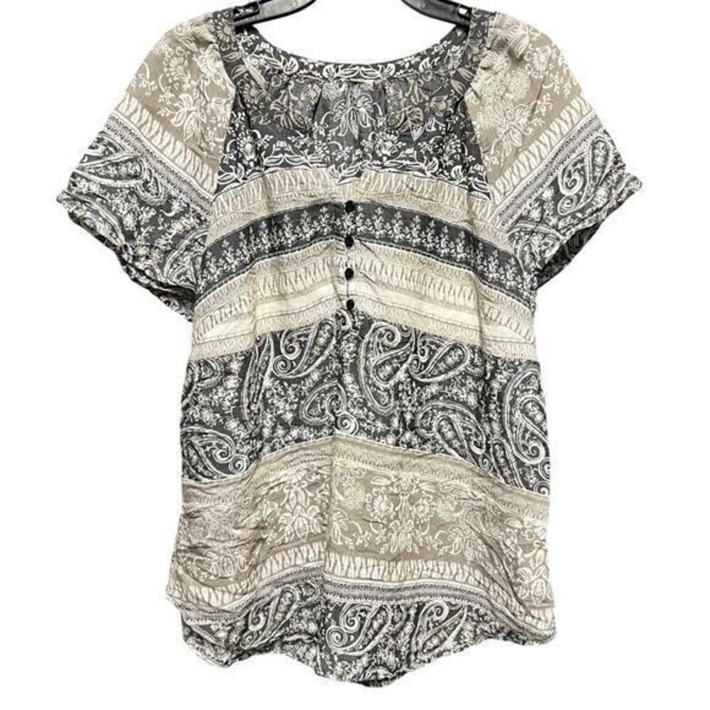 Unbranded v neck whimsy boho lightweight gray cap sleeve print blouse plus sz 2X